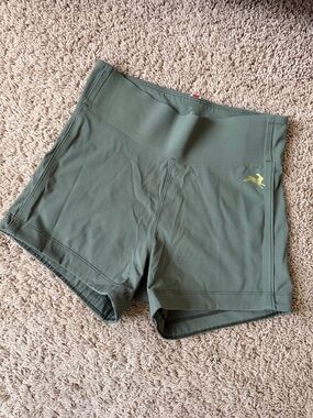 Tracksmith Olive Green High-Rise Bike Shorts with Gold Logo